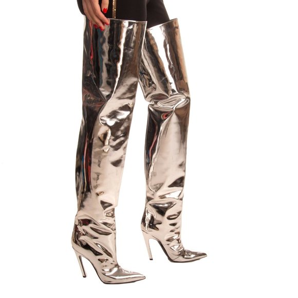 silver metallic thigh high boots